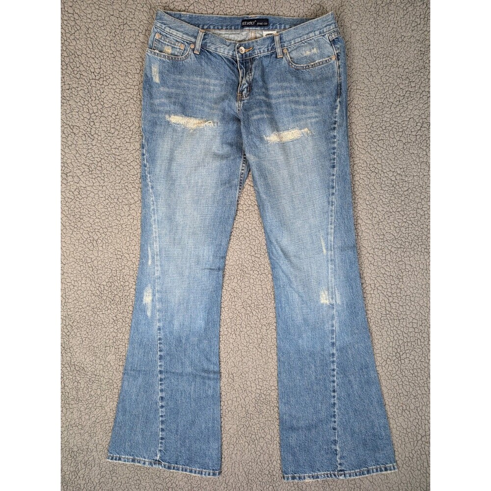 Revolt Womens Jeans Flare Denim Blue Distressed Mid Rise Juniors 15 Tall 34x34